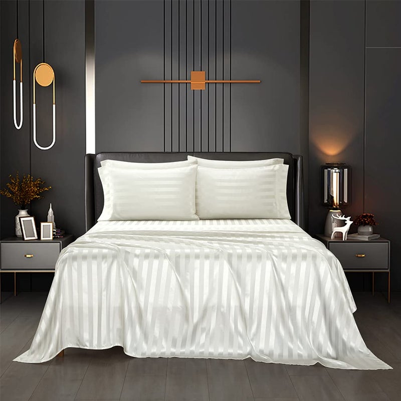 AiMay 6 Piece Satin Italian Style Bed Sheet Set Deep Pocket Striped 1800 Luxury Rich Silk 1 Flat Sheet 1 Fitted Sheet 4 Envelope Pillowcases Stain-Resistant Wrinkle Free (Queen,Off White) - Image 2